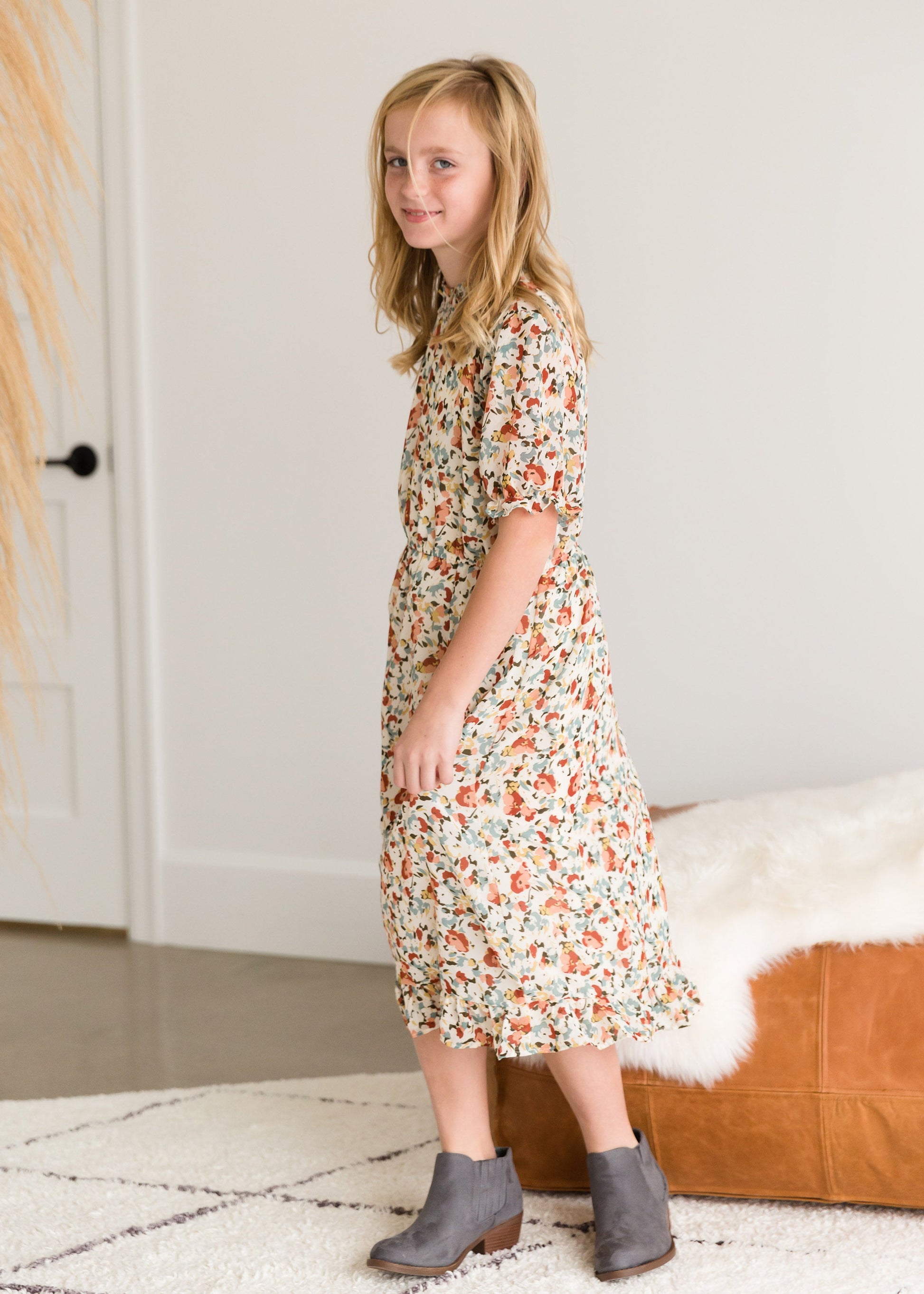 Watercolor Floral Mock Neck Midi Dress FF Dresses
