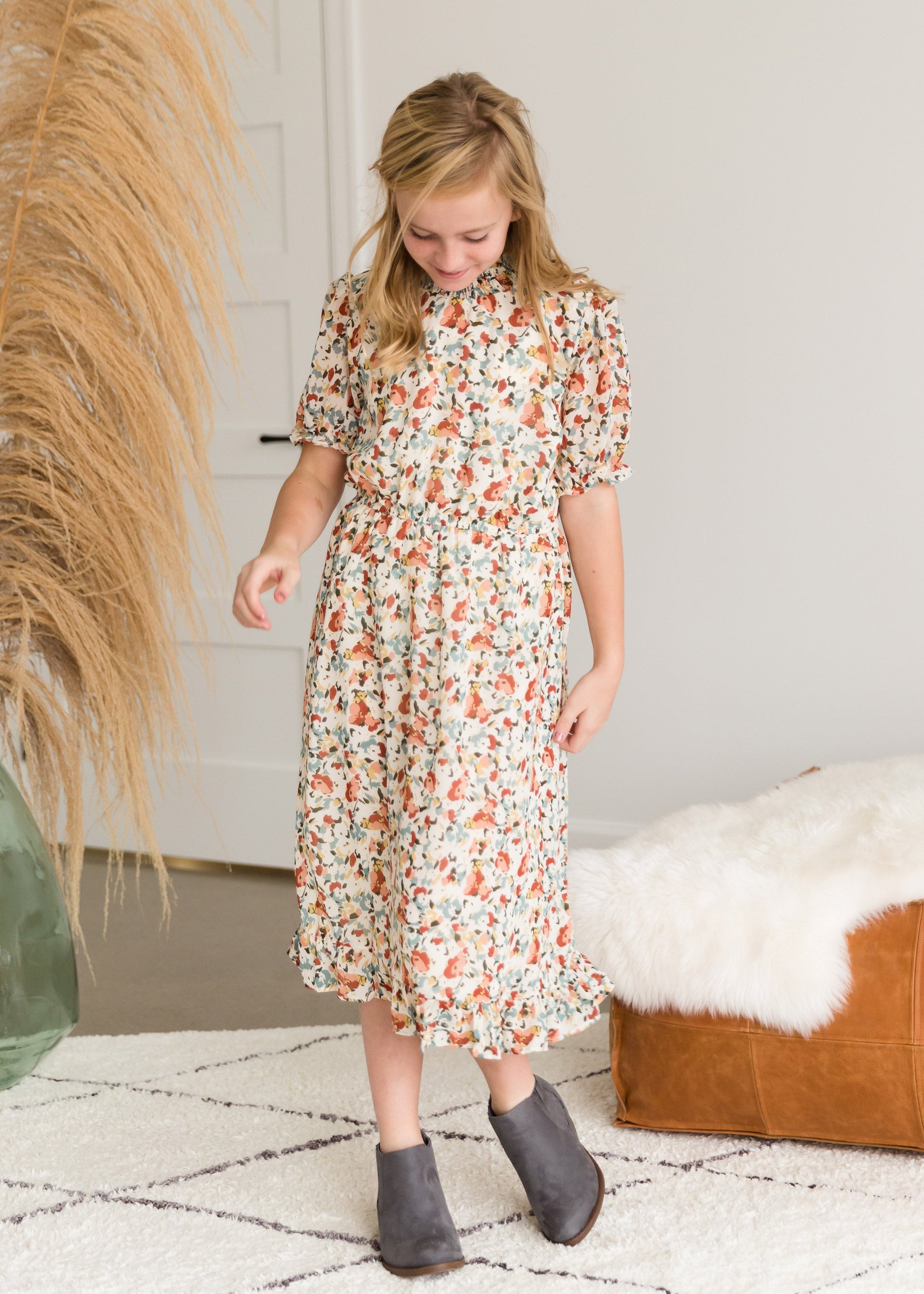 Watercolor Floral Mock Neck Midi Dress FF Dresses