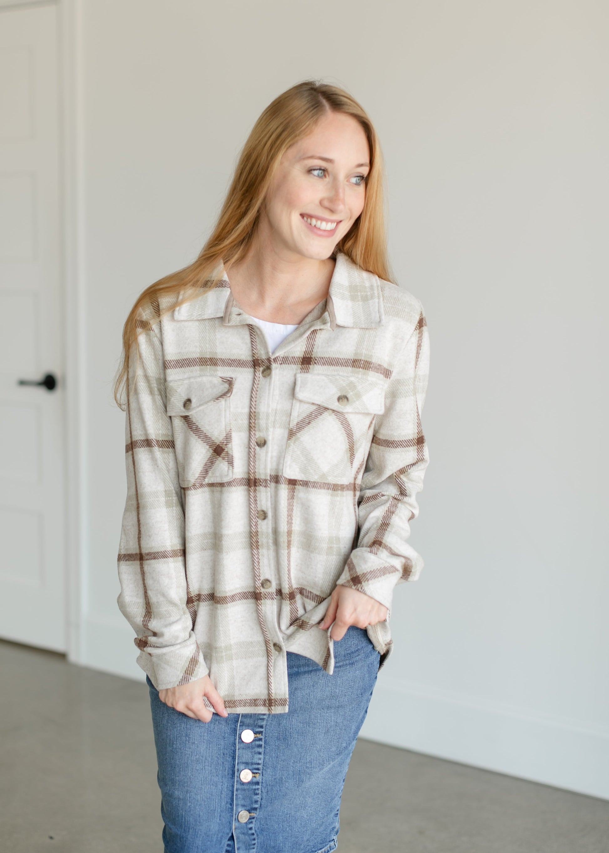 Weston Plaid Button Up Shacket FF Tops Brown Sage / S