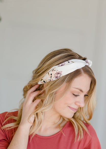 White Floral Knotted Headband Accessories