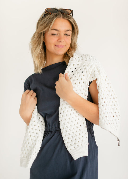White Open Knit Zip Front Cardigan FF Tops
