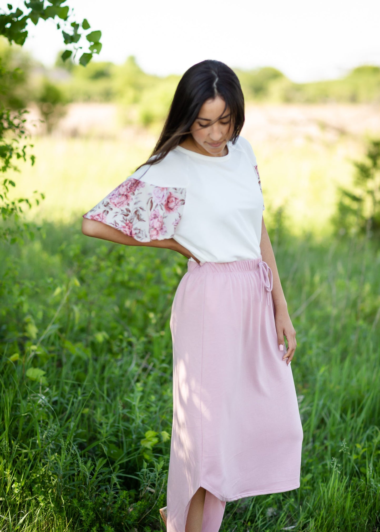White Ribbed Floral Sleeve Top - FINAL SALE FF Tops