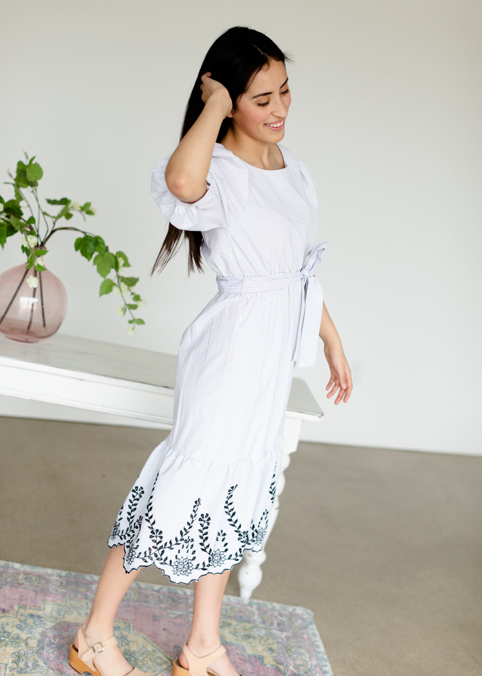 White Striped Belted Lace Hem Midi Dress - FINAL SALE FF Dresses