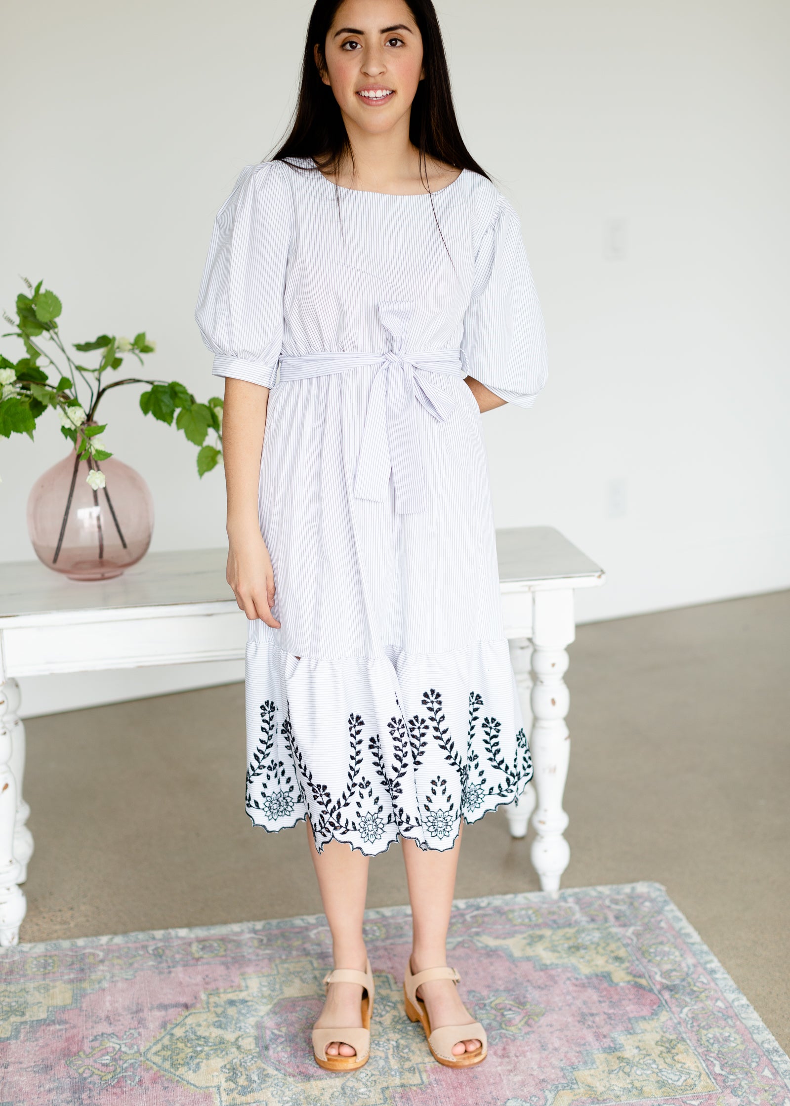 White Striped Belted Lace Hem Midi Dress - FINAL SALE FF Dresses