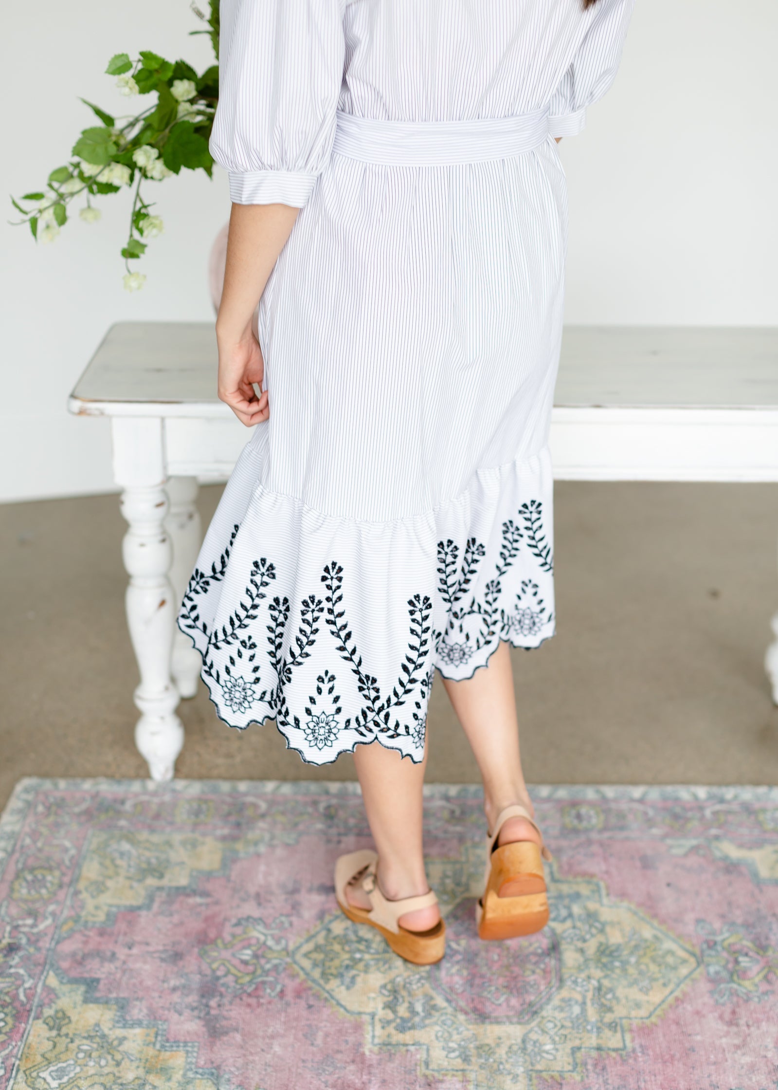 White Striped Belted Lace Hem Midi Dress - FINAL SALE FF Dresses