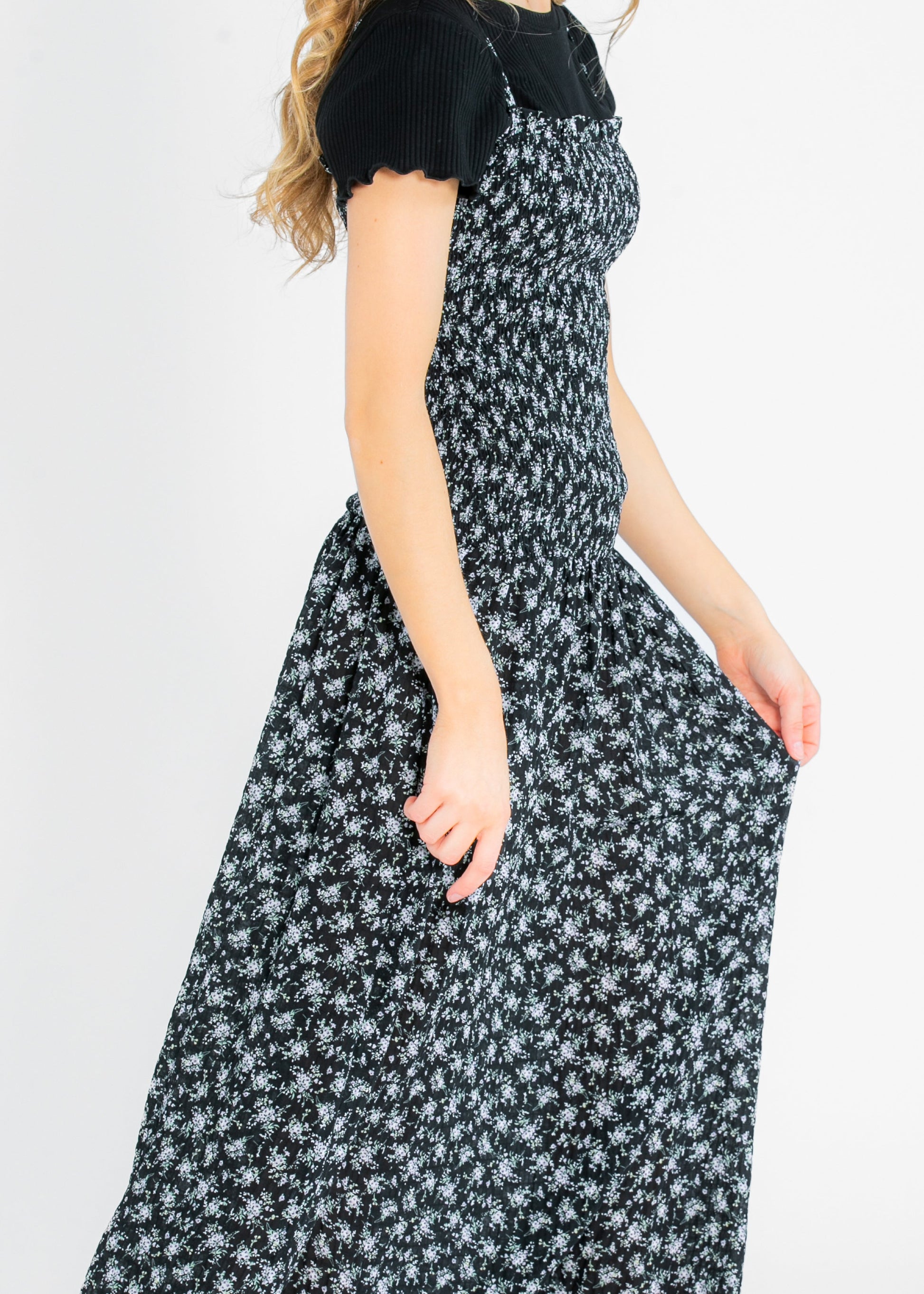 Willa Smocked Black Floral Sleeveless Maxi Dress FF Dresses