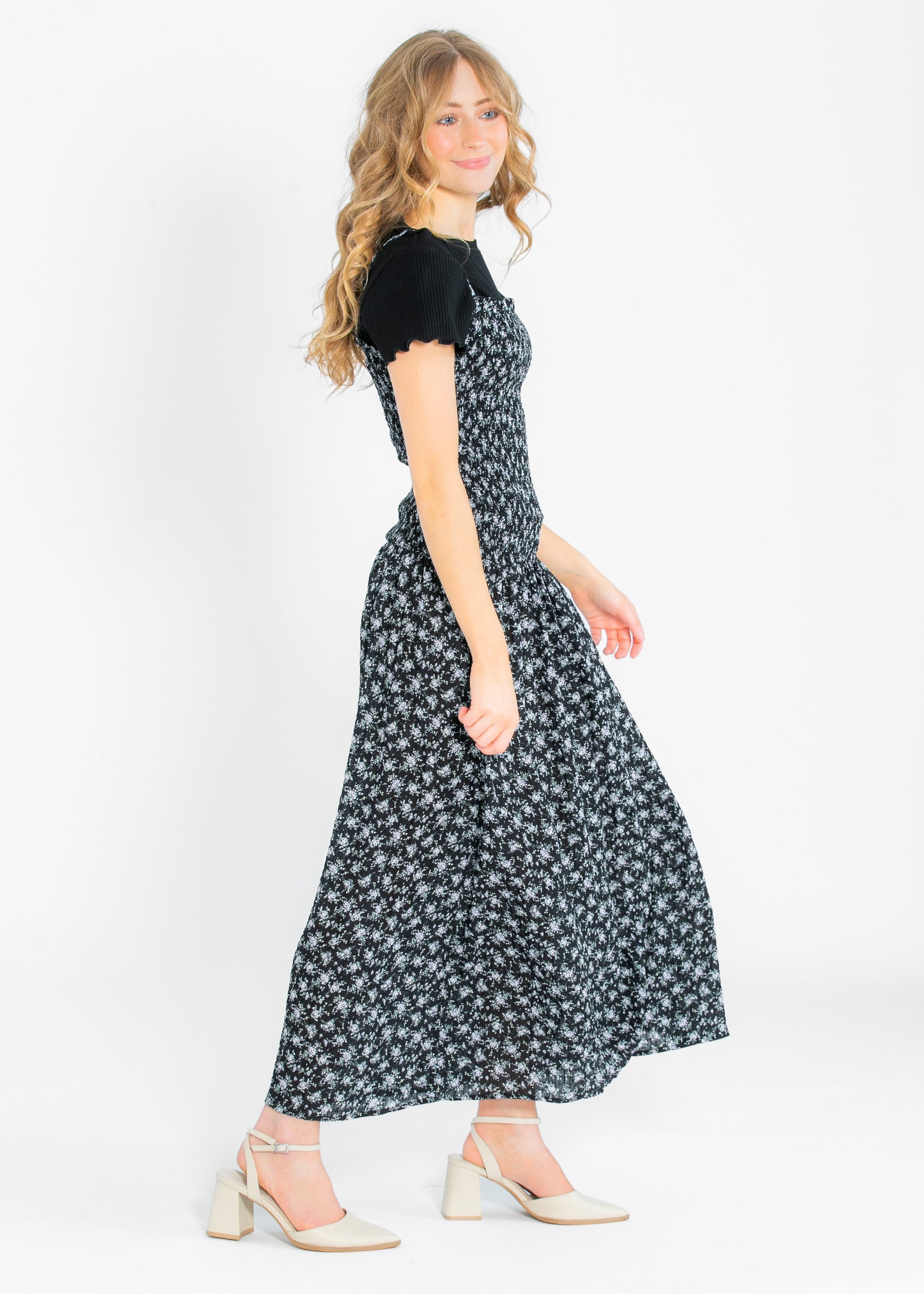 Willa Smocked Black Floral Sleeveless Maxi Dress FF Dresses
