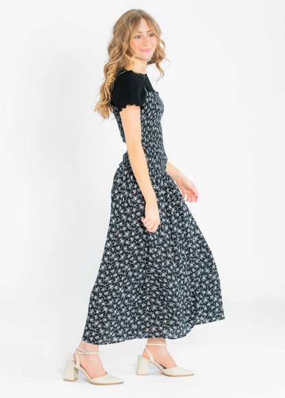 Willa Smocked Black Floral Sleeveless Maxi Dress FF Dresses