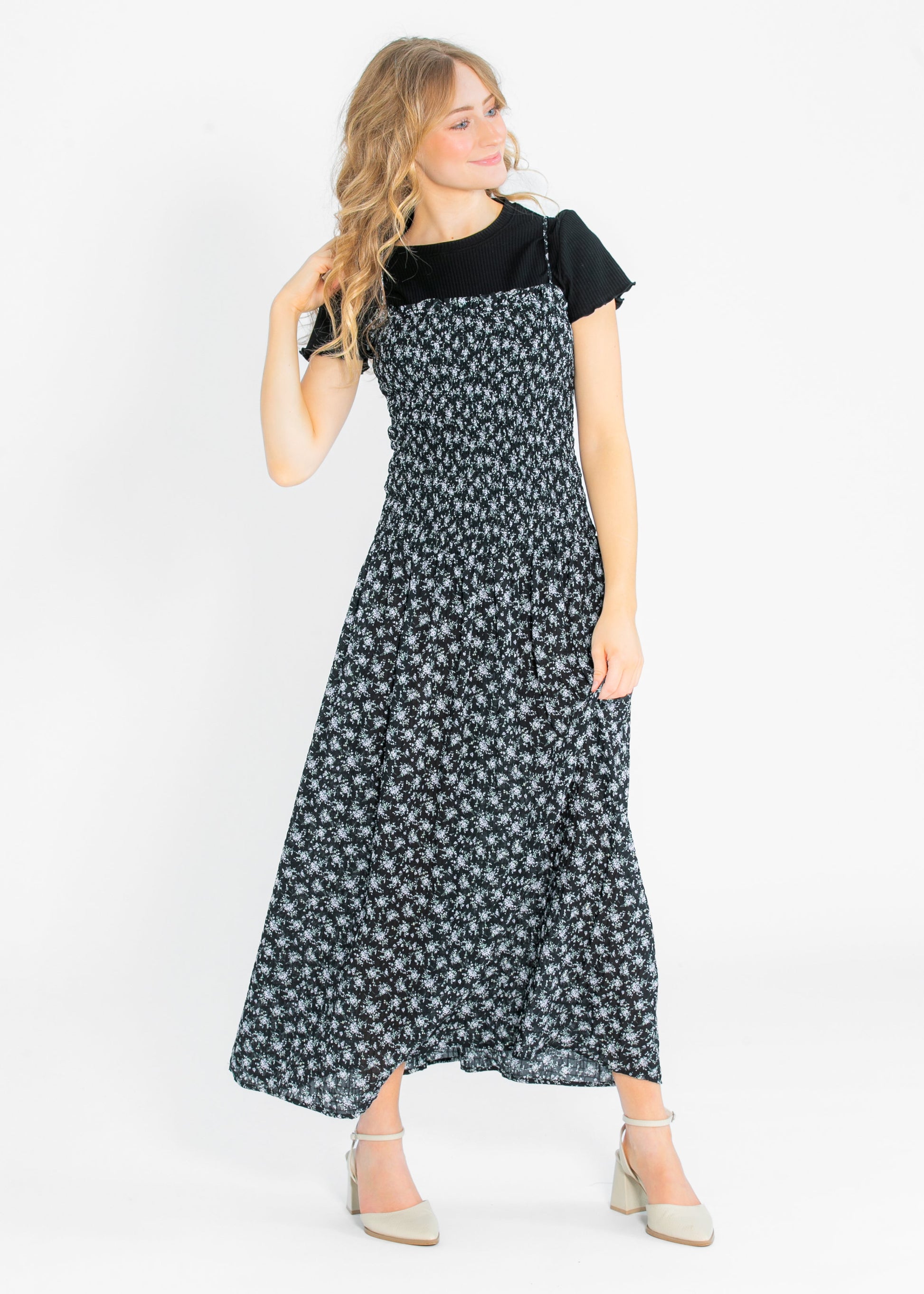 Willa Smocked Black Floral Sleeveless Maxi Dress FF Dresses