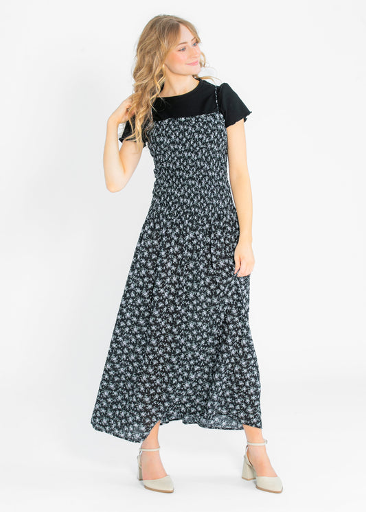 Willa Smocked Black Floral Sleeveless Maxi Dress FF Dresses