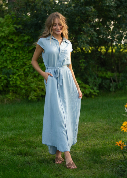 Willow Cap Sleeve Chambray Belted Midi Dress IC Dresses