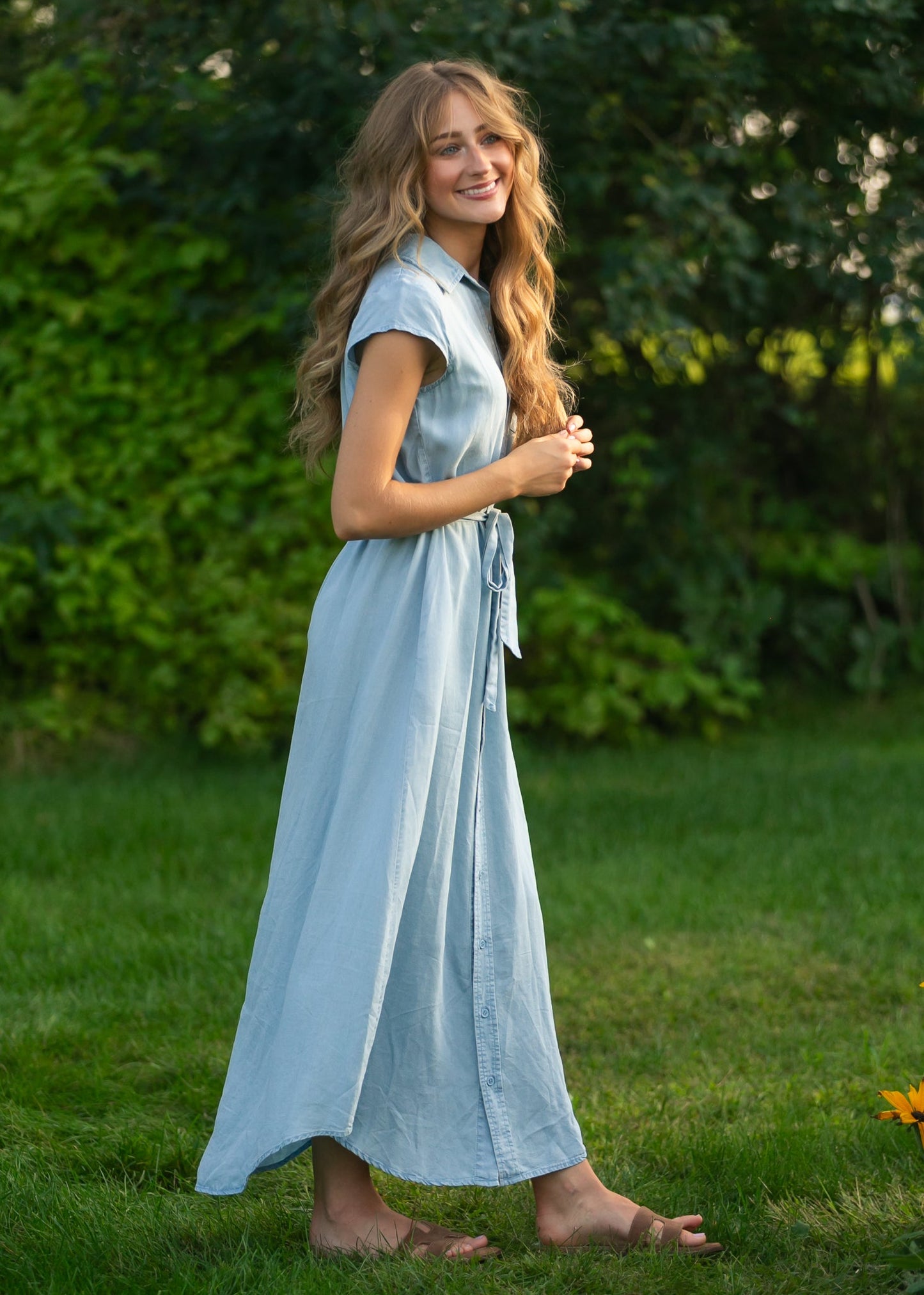 Willow Cap Sleeve Chambray Belted Midi Dress IC Dresses