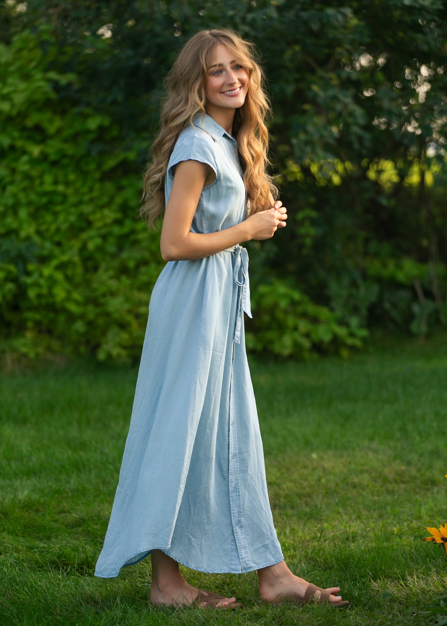 Willow Cap Sleeve Chambray Belted Midi Dress  Inherit Co.