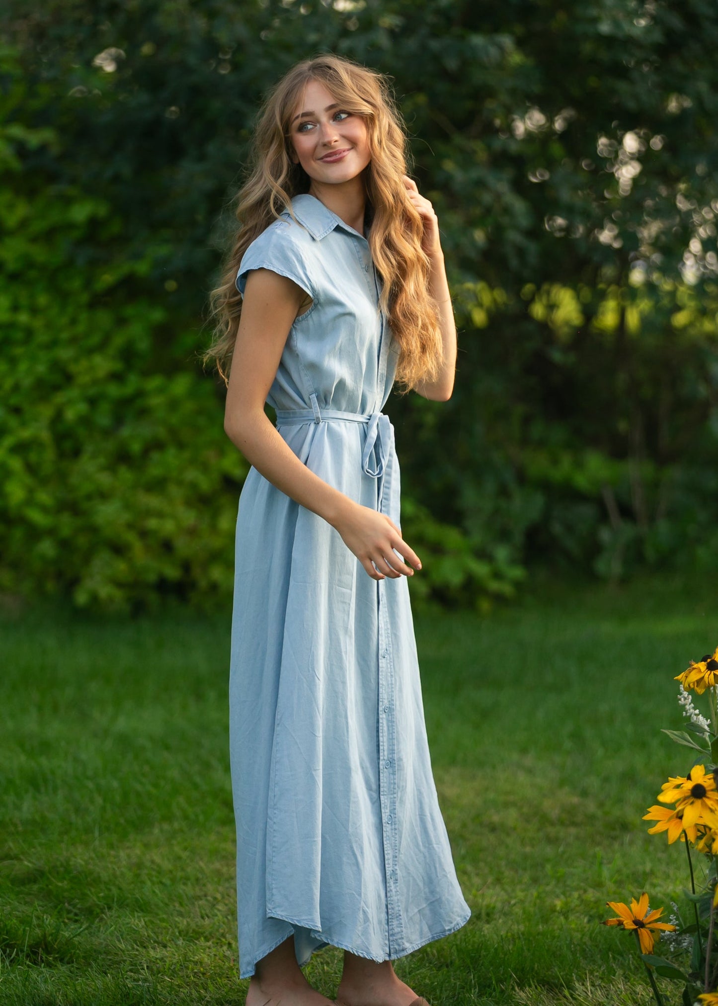 Willow Cap Sleeve Chambray Belted Midi Dress IC Dresses