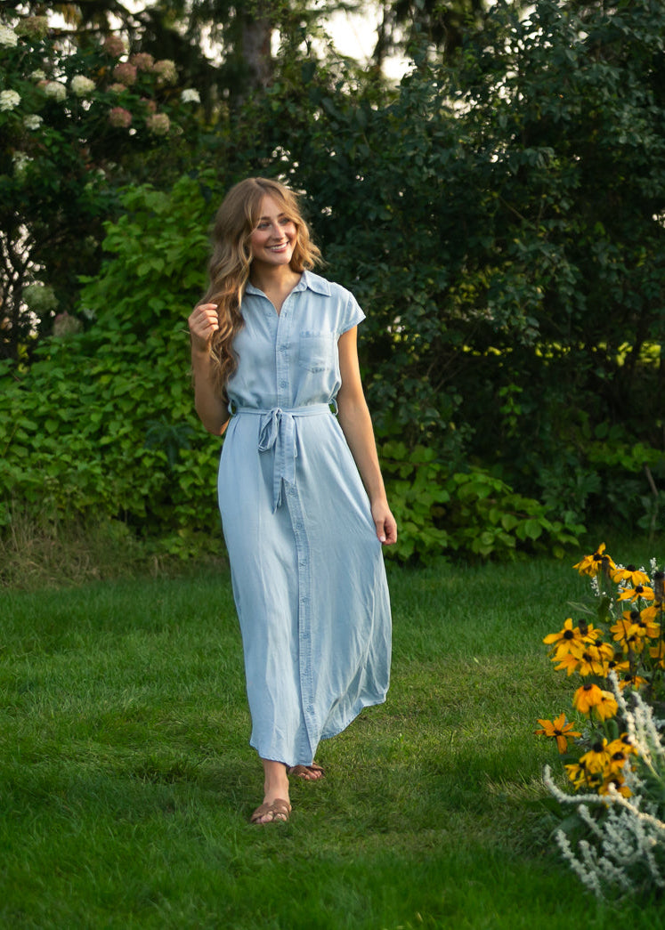 Willow Cap Sleeve Chambray Belted Midi Dress IC Dresses