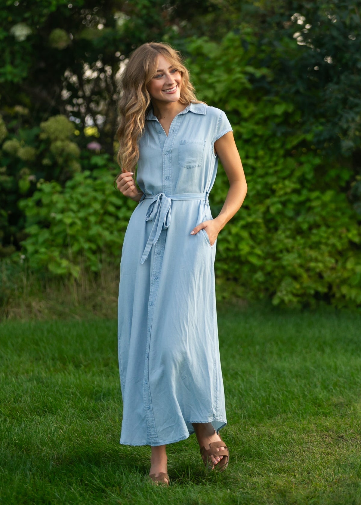 Willow Cap Sleeve Chambray Belted Midi Dress