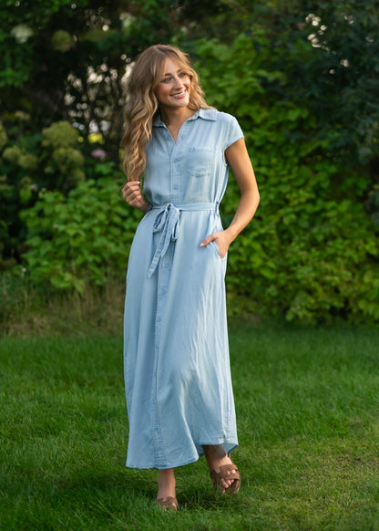 Willow Cap Sleeve Chambray Belted Midi Dress IC Dresses XS