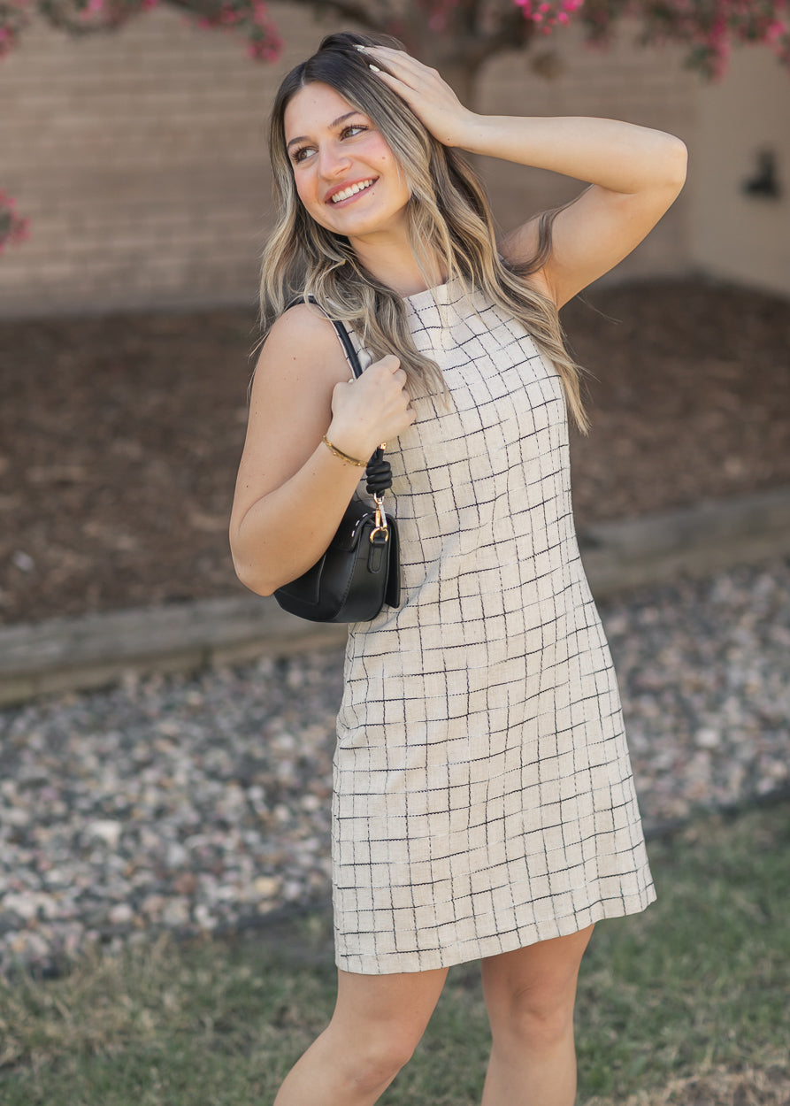 Windowpane Shift Midi Dress FF Dresses