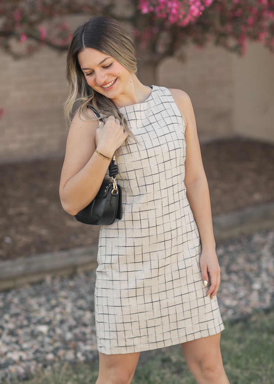 Windowpane Shift Midi Dress FF Dresses