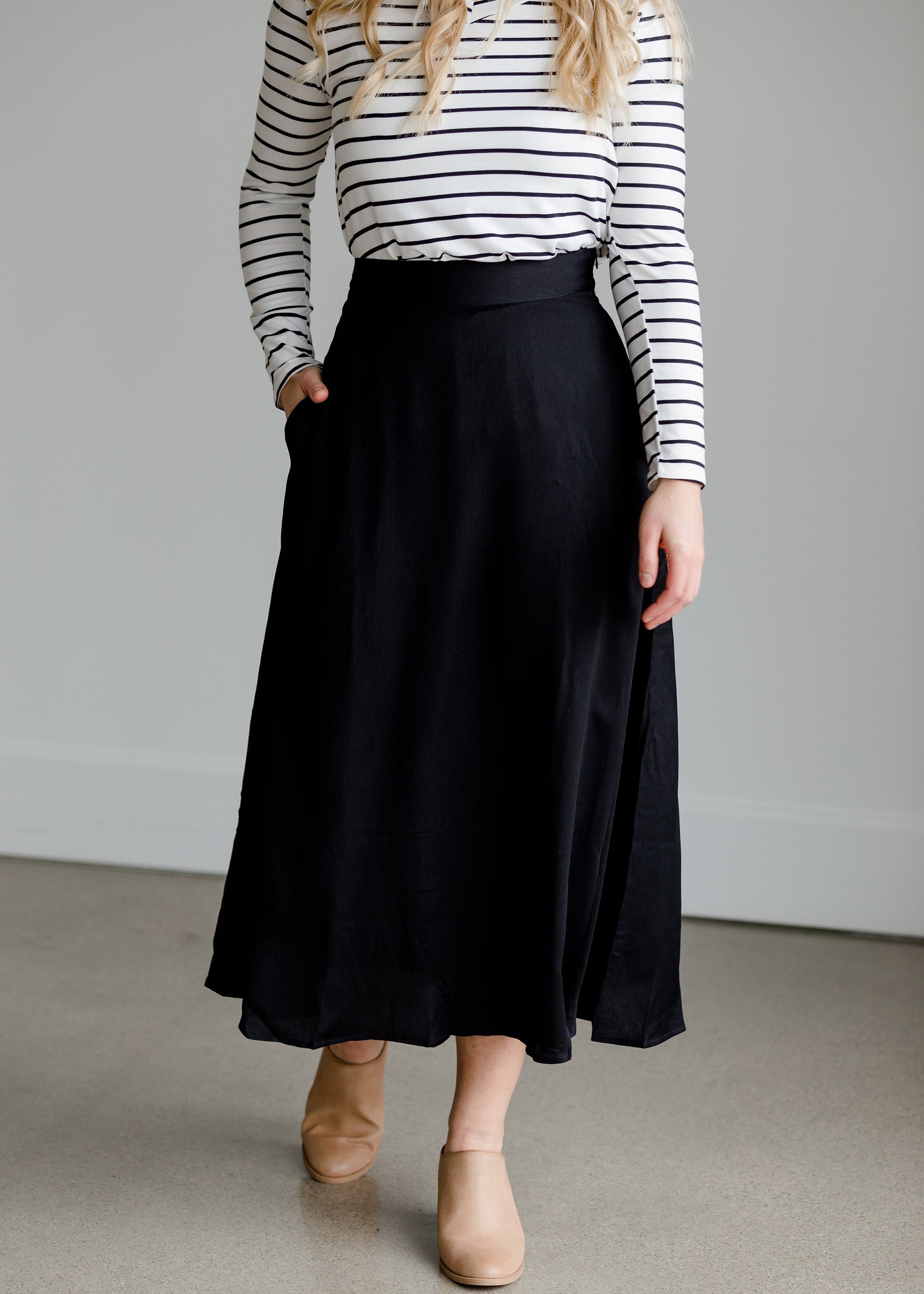 Woven A-Line Black Midi Skirt - FINAL SALE FF Skirts