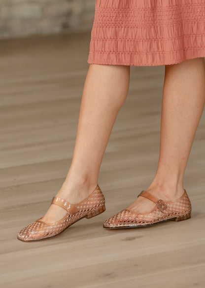 Woven Camel Jelly Mary Jane Flats Shoes