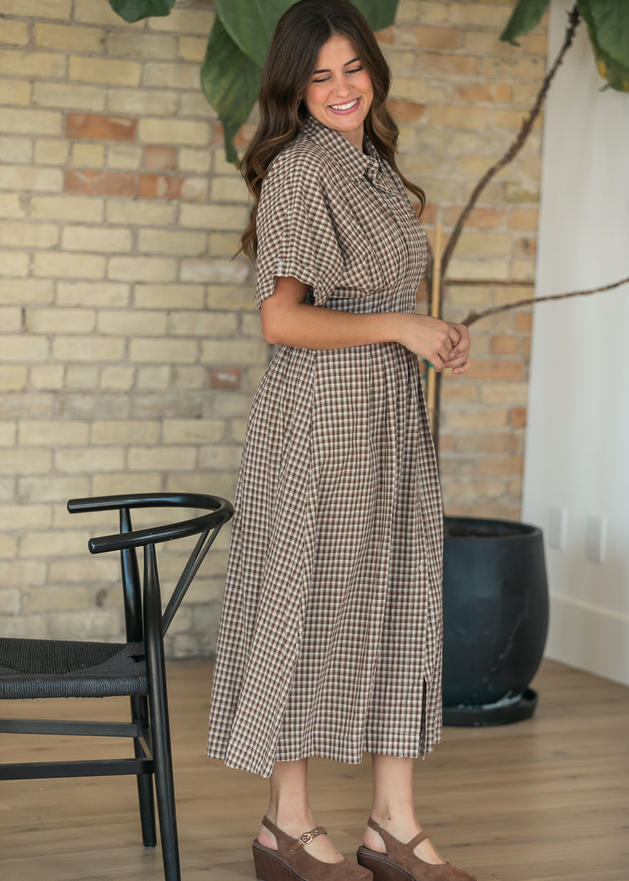 Woven Cotton Gingham Button Up Maxi Dress FF Dresses