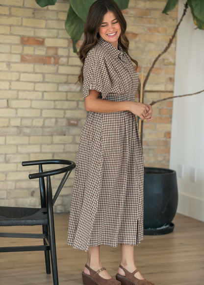 Woven Cotton Gingham Button Up Maxi Dress FF Dresses