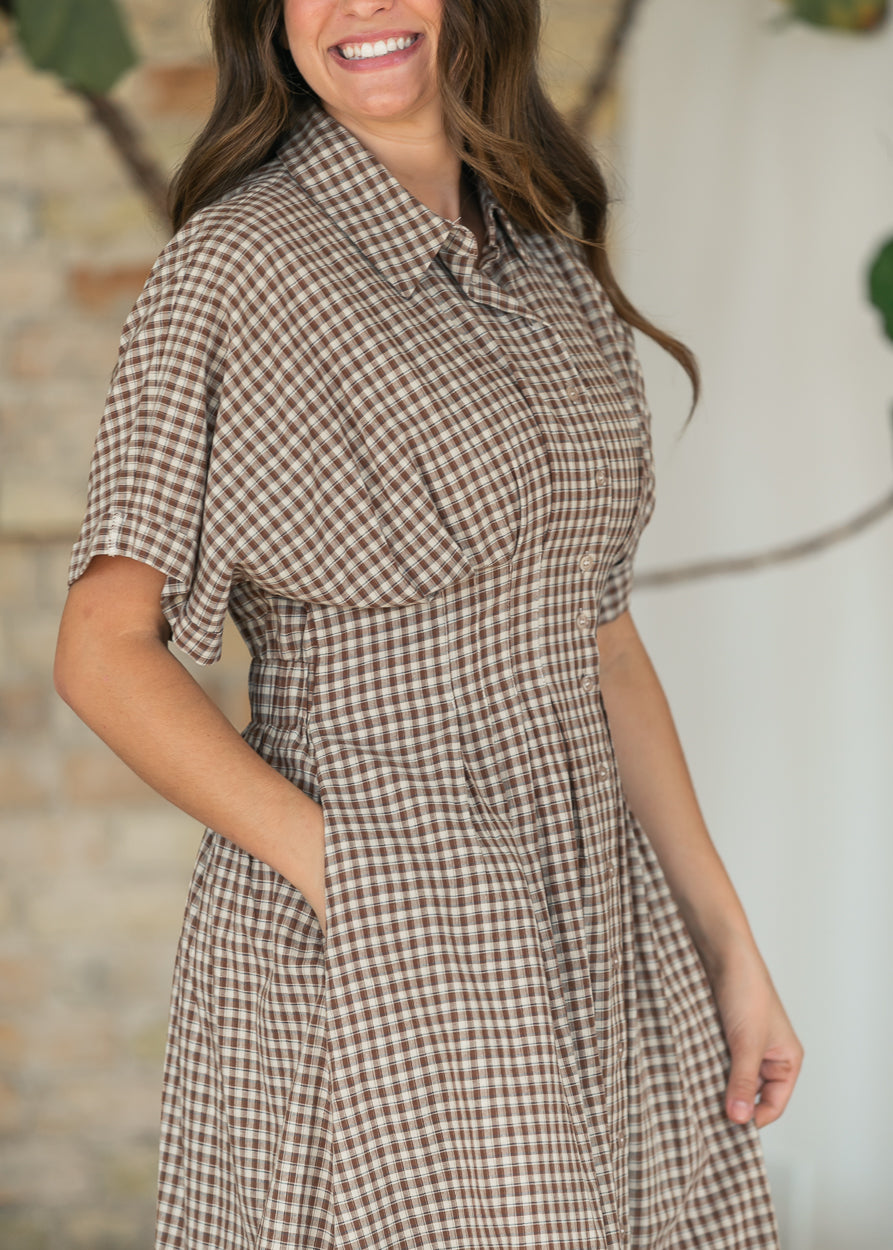 Woven Cotton Gingham Button Up Maxi Dress FF Dresses