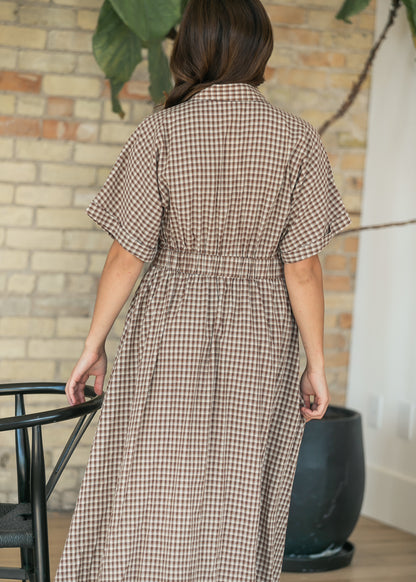 Woven Cotton Gingham Button Up Maxi Dress FF Dresses