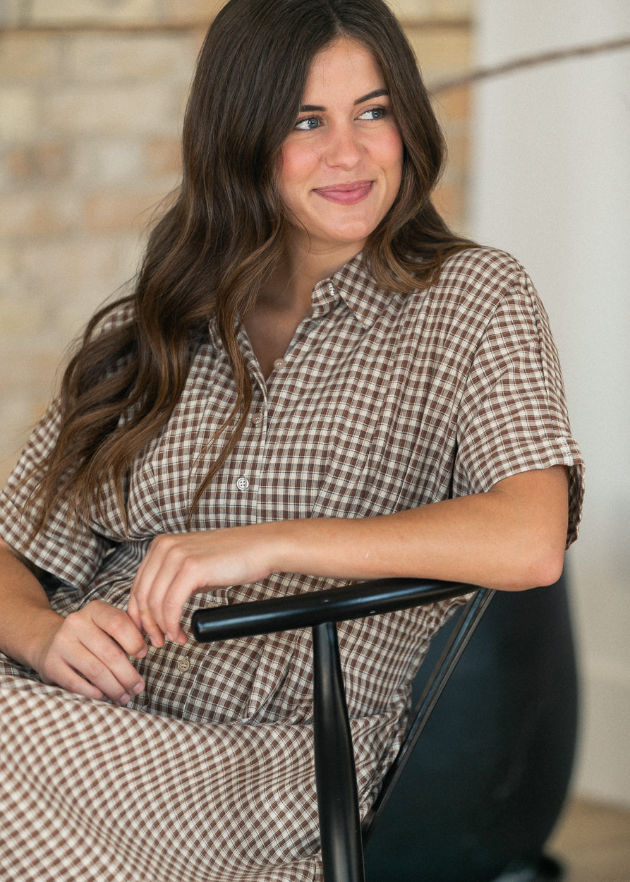 Woven Cotton Gingham Button Up Maxi Dress FF Dresses