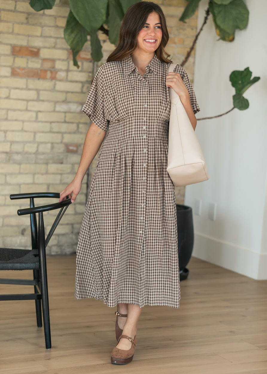 Woven Cotton Gingham Button Up Maxi Dress FF Dresses S