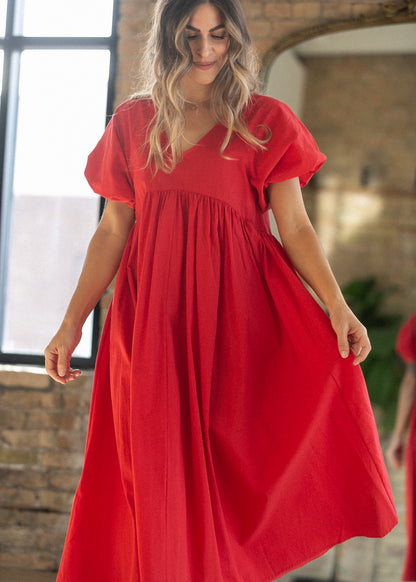 Woven Cotton V-Neck Puff Sleeve Maxi Dress FF Dresses