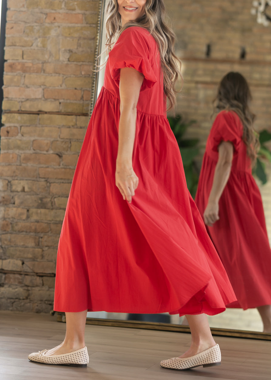 Woven Cotton V-Neck Puff Sleeve Maxi Dress FF Dresses