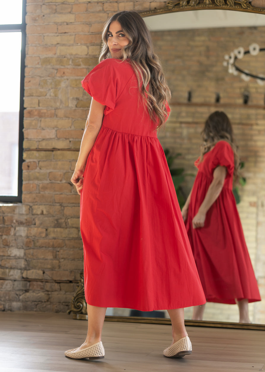 Woven Cotton V-Neck Puff Sleeve Maxi Dress FF Dresses