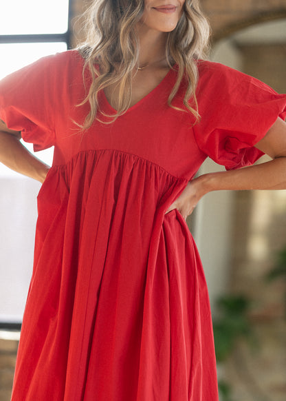 Woven Cotton V-Neck Puff Sleeve Maxi Dress FF Dresses