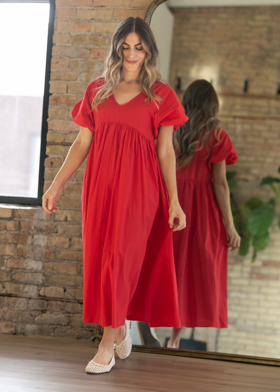 Woven Cotton V-Neck Puff Sleeve Maxi Dress FF Dresses S