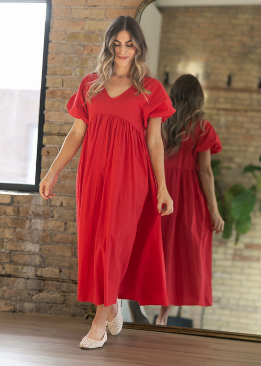 Woven Cotton V-Neck Puff Sleeve Maxi Dress FF Dresses S