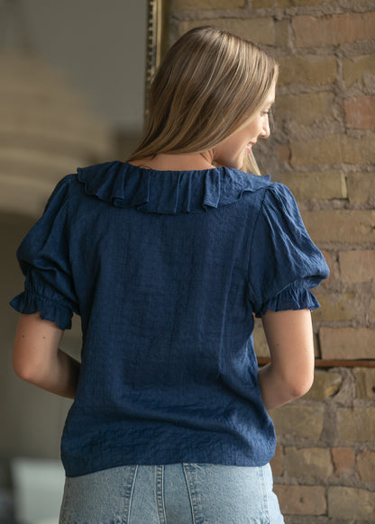 Woven Cotton V-neck Short Sleeve Top FF Tops