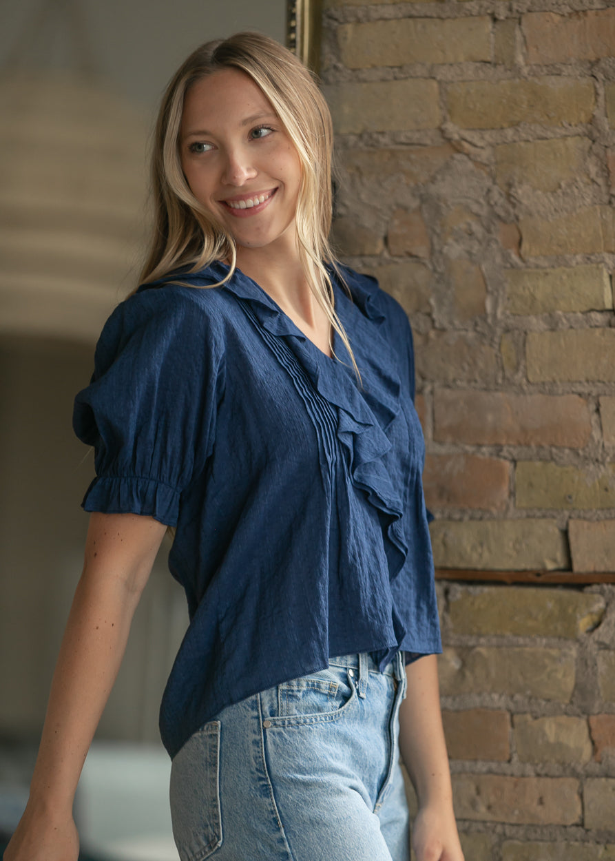 Woven Cotton V-neck Short Sleeve Top FF Tops