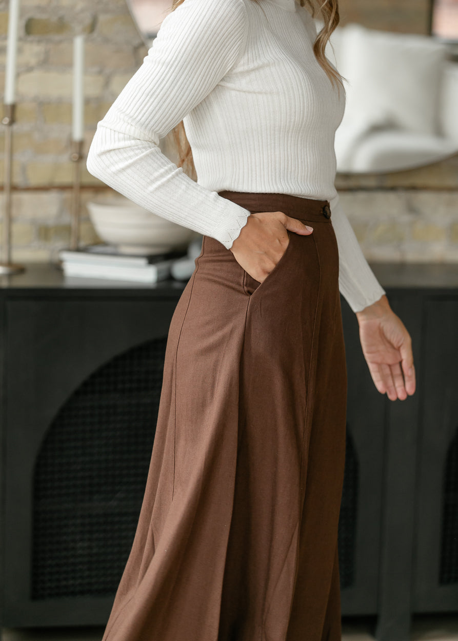 Woven Linen Blend Brown Maxi Skirt FF Skirts