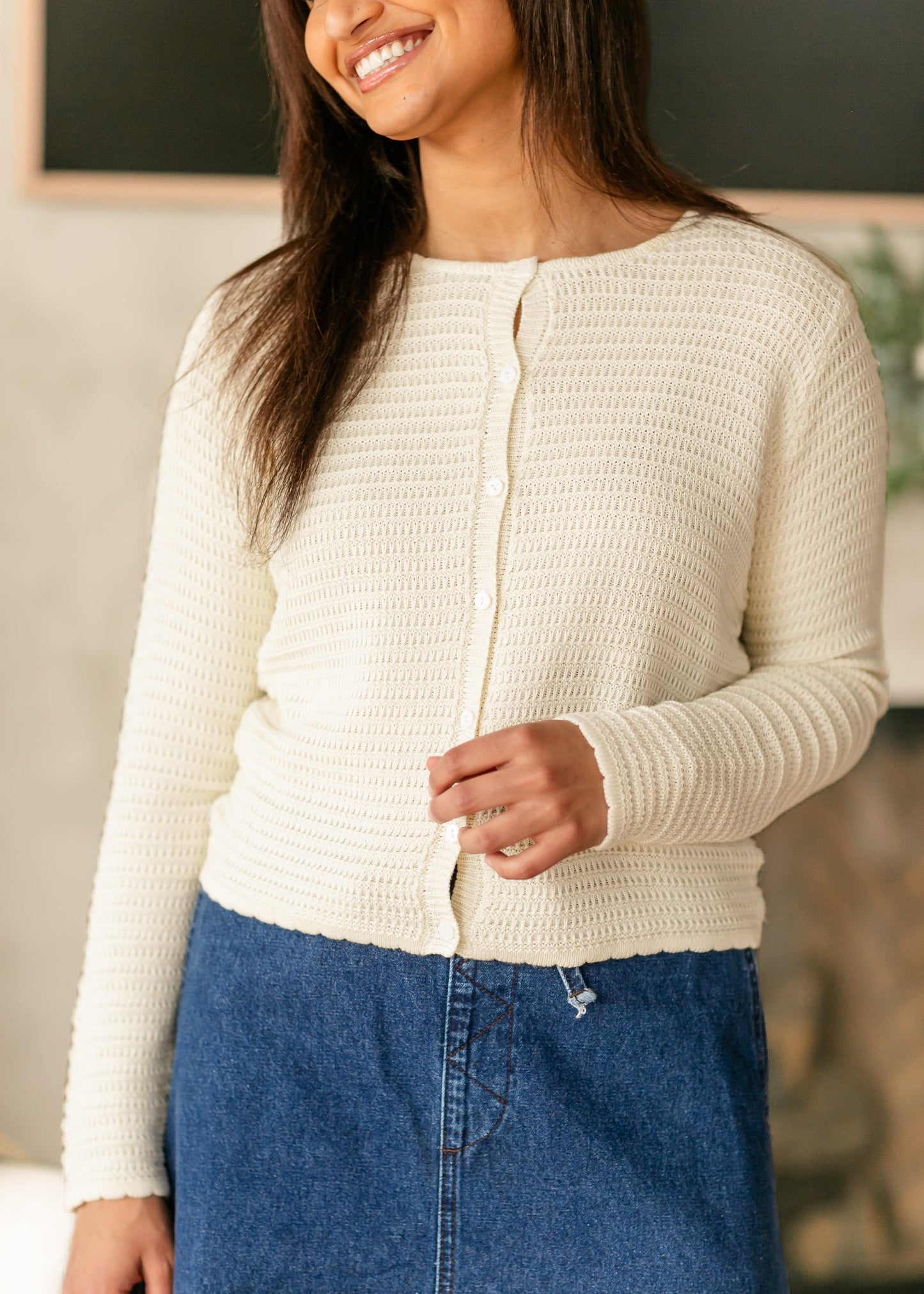 Yael Textured Midi-Weight Cardigan FF Tops