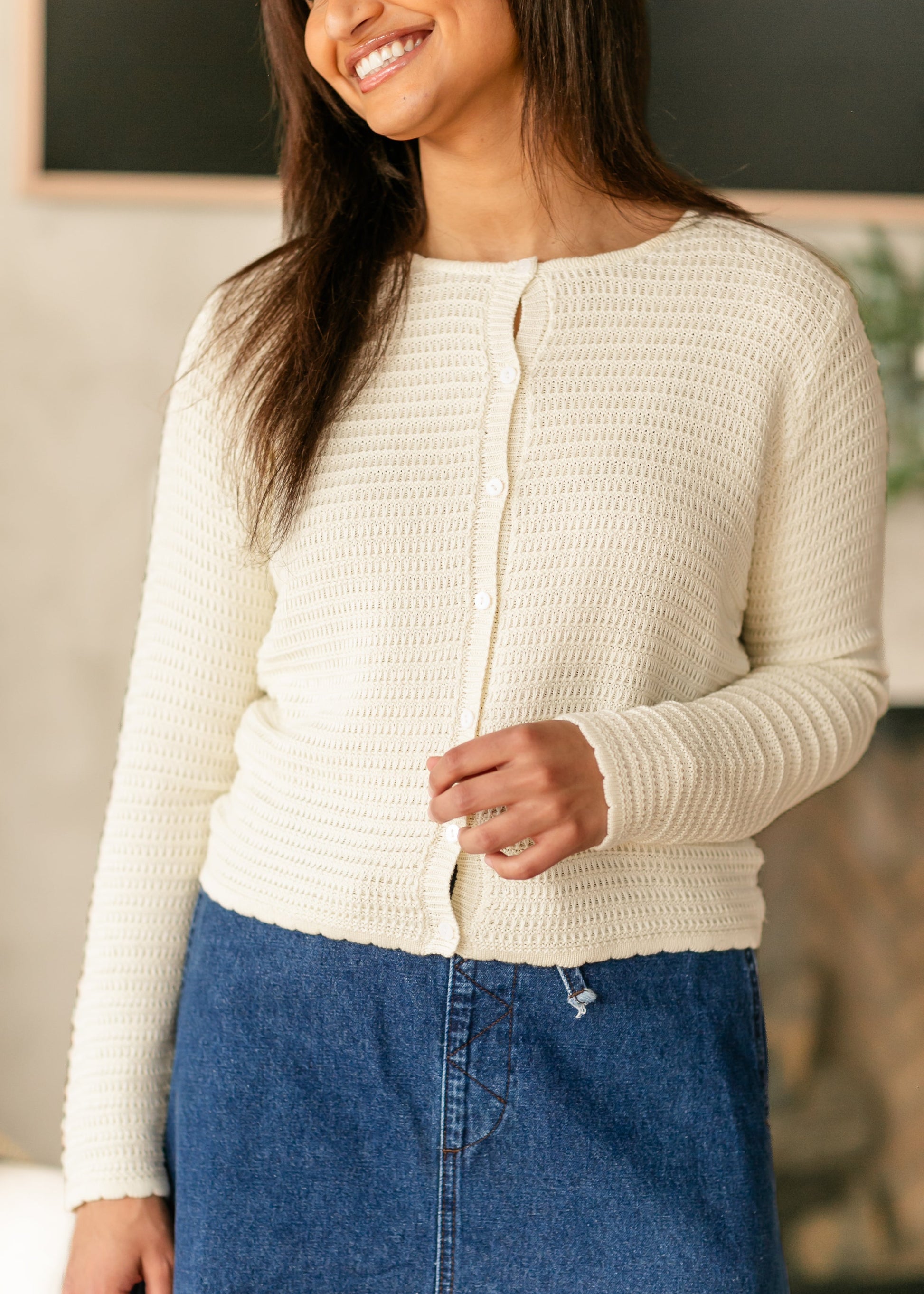 Yael Textured Midi-Weight Cardigan FF Tops