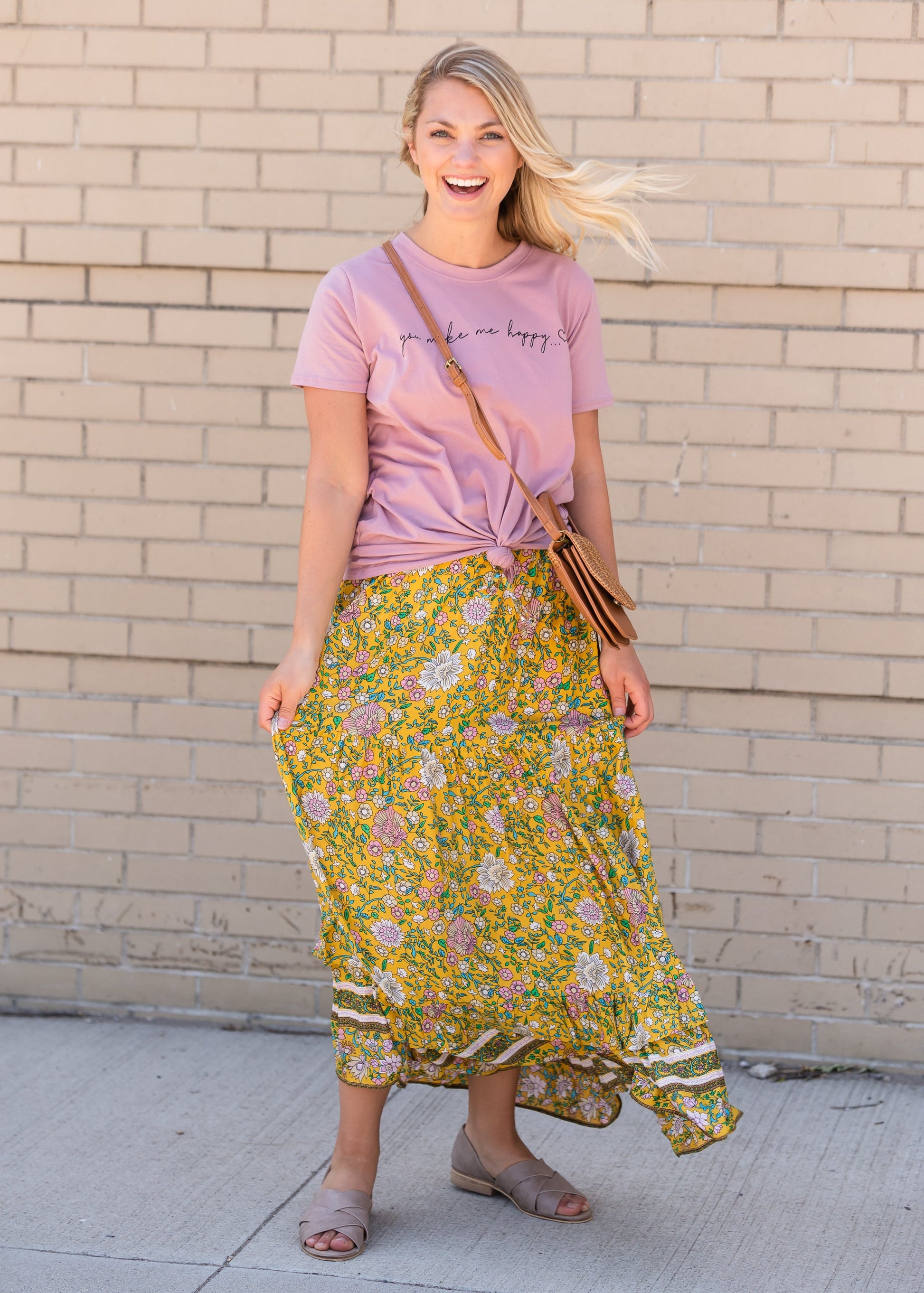 Yellow Floral Waist Tie Midi Skirt - FINAL SALE FF Skirts