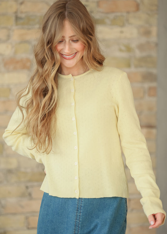 Yellow Pointelle Lightweight Cardigan FF Tops