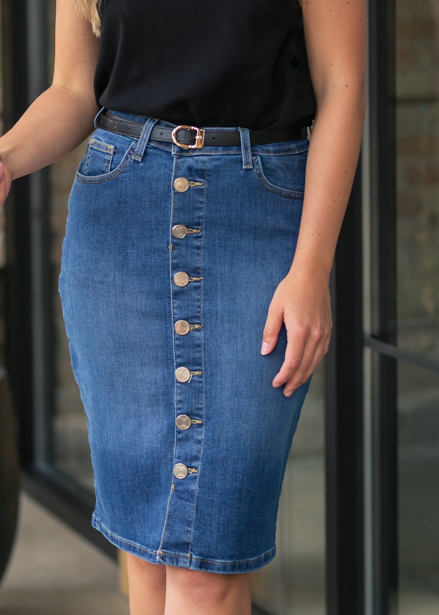 Zana Front Button Denim Midi Skirt IC Skirts