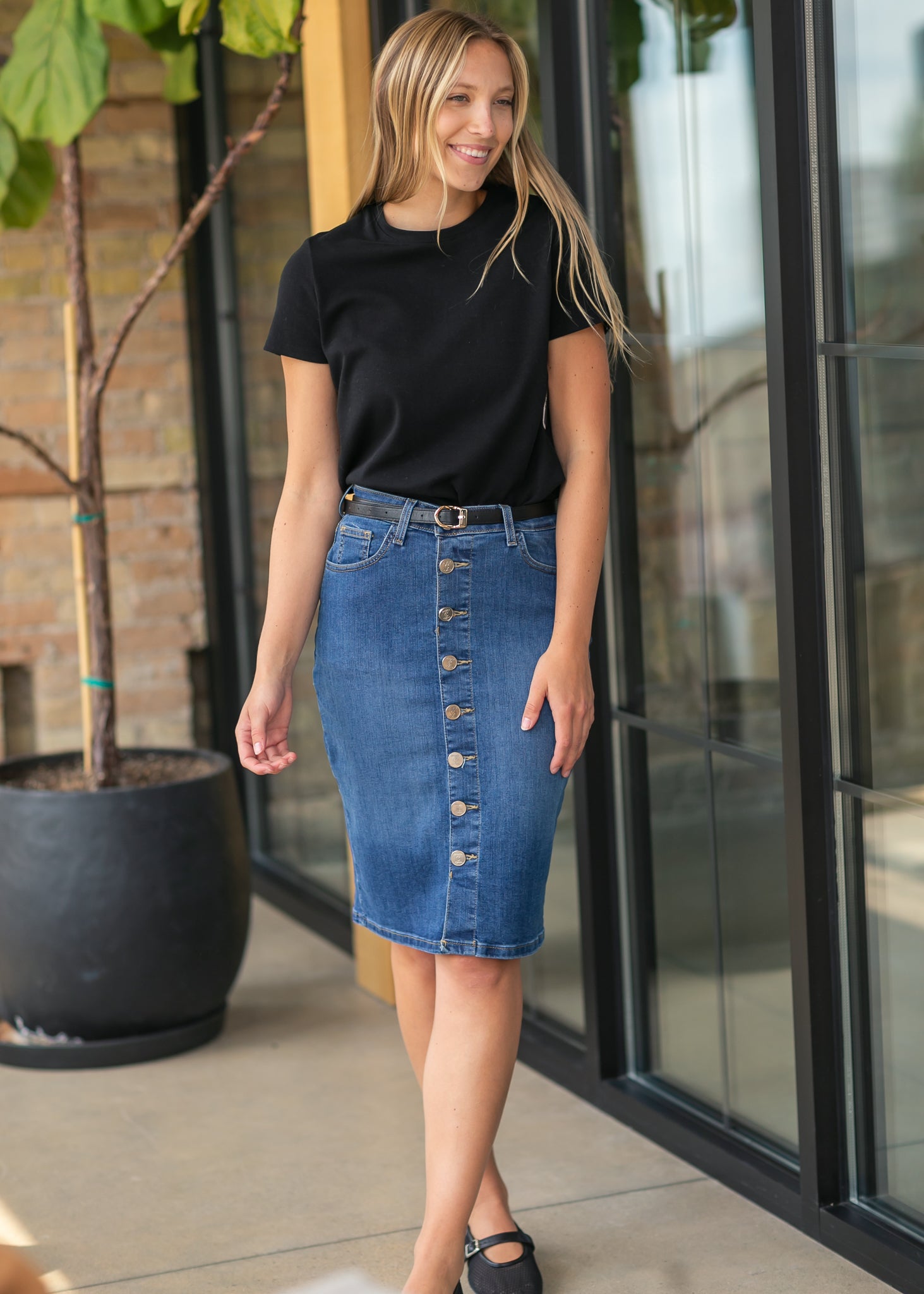 Zana Front Button Denim Midi Skirt – Inherit