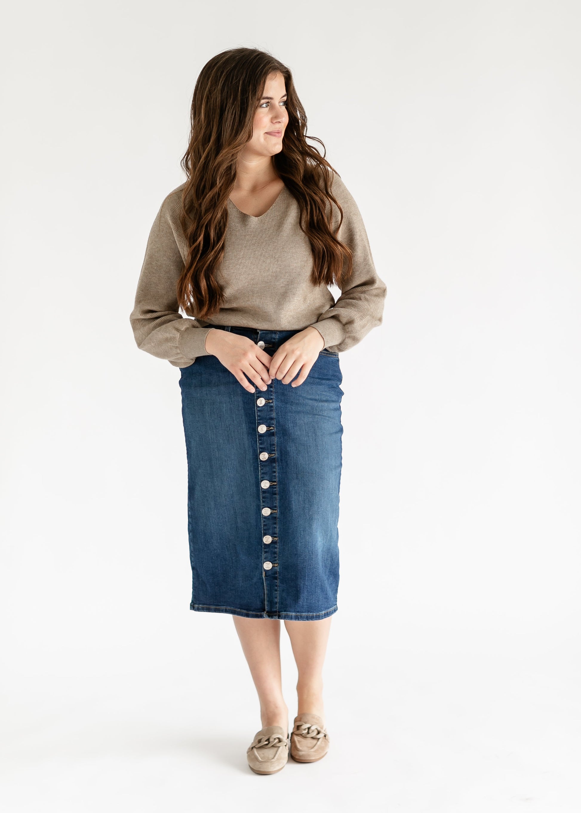 Zana Front Button Denim Midi Skirt IC Skirts