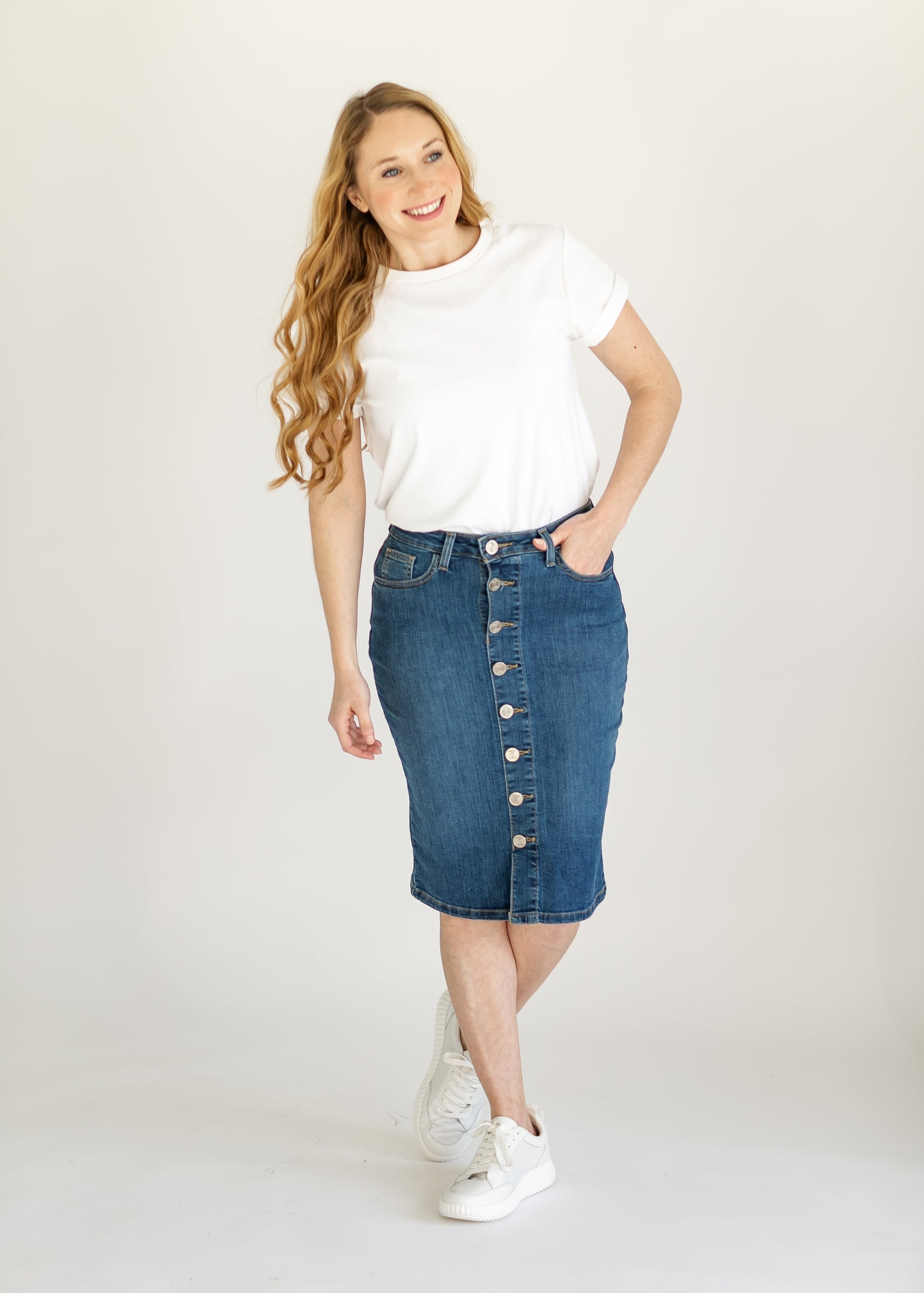 Zana Front Button Denim Midi Skirt IC Skirts