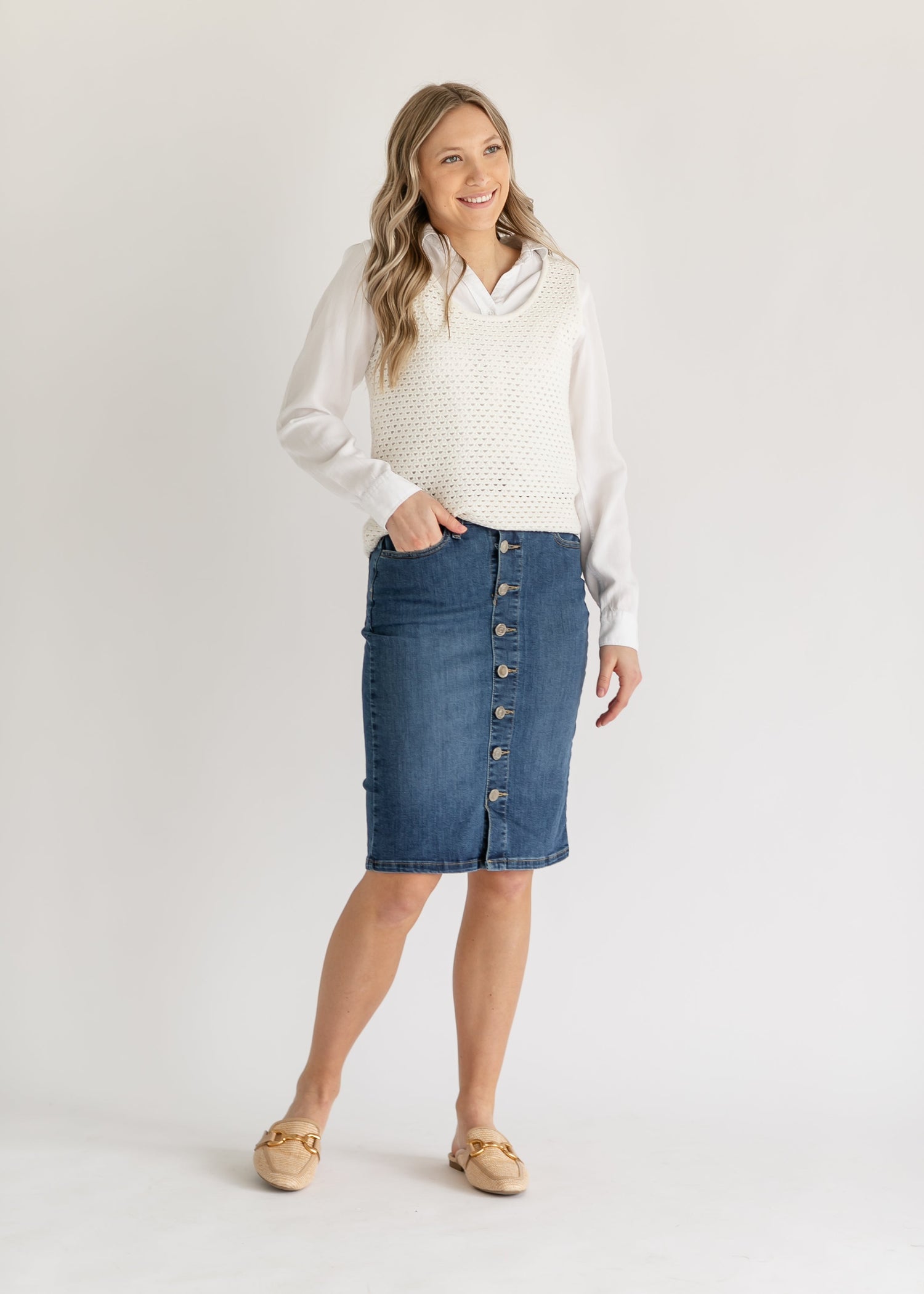 Zana Front Button Denim Midi Skirt IC Skirts