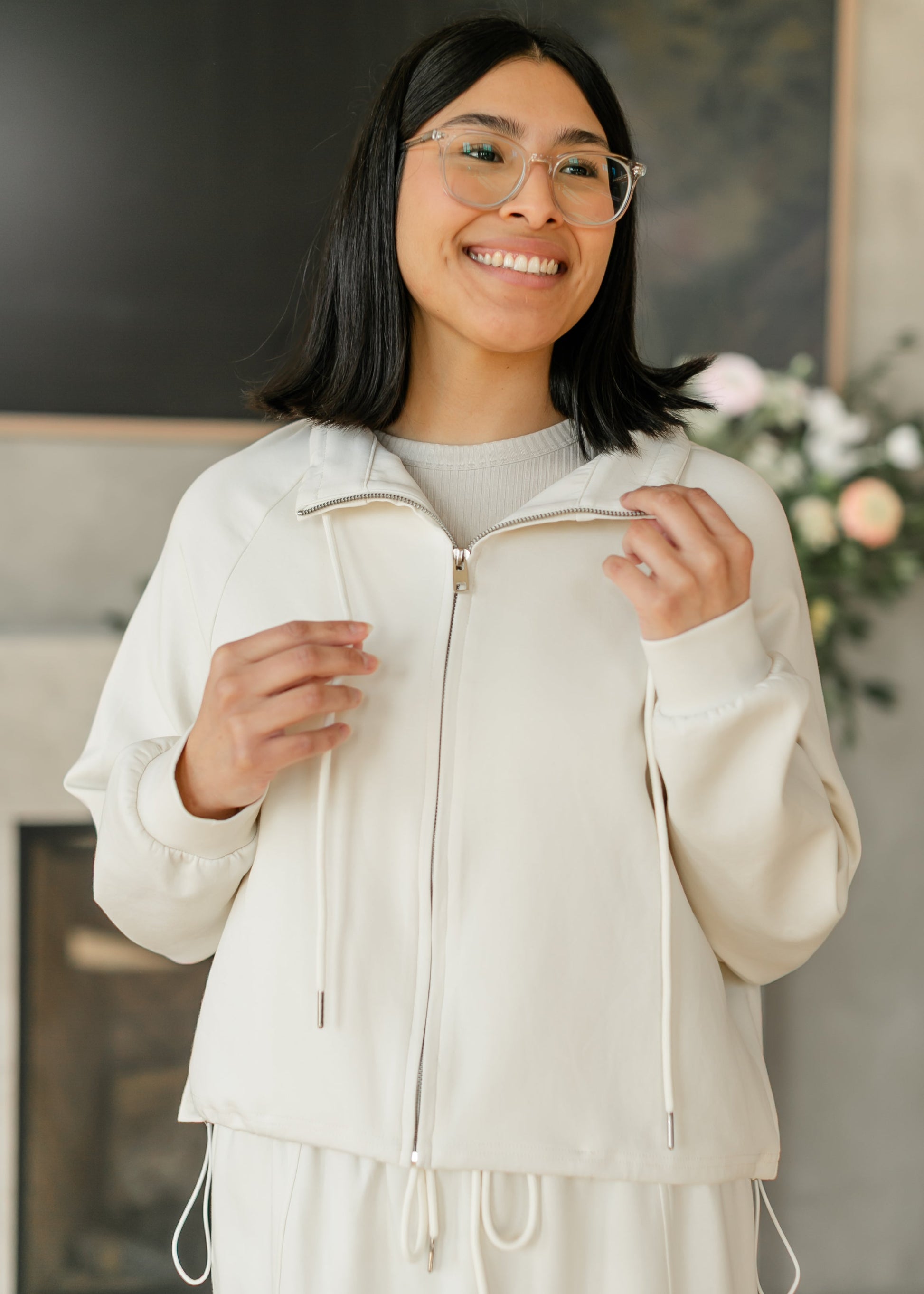 Zip-up Drawstring Waist Sweatshirt Jacket FF Tops